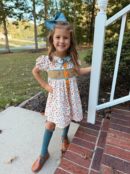 RTS - HALLOWEEN & TURKEYS - GIRLS ONLY - Geo Smocked Pumpkins Girl Dress