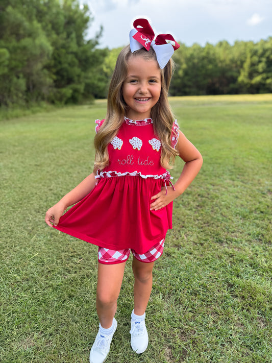RTS - COLLEGIATE - Gameday Animal Crackers Girl Shortie Set - Crimson/White. Monogrammed - “ROLL TIDE”