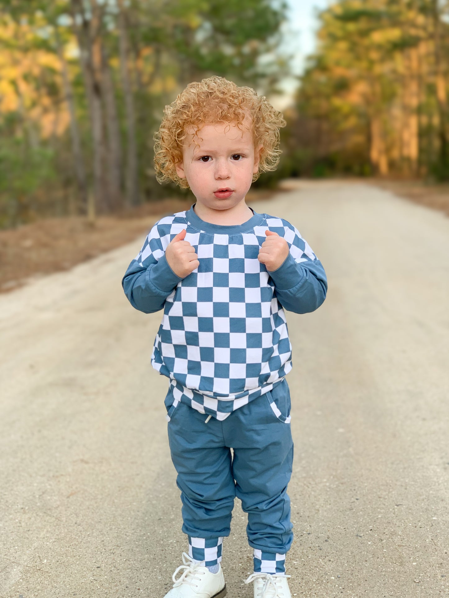 PREORDER 58: WINTER RERUNS - Winter Checkered Basics Boy Jogger Set - Stone Blue