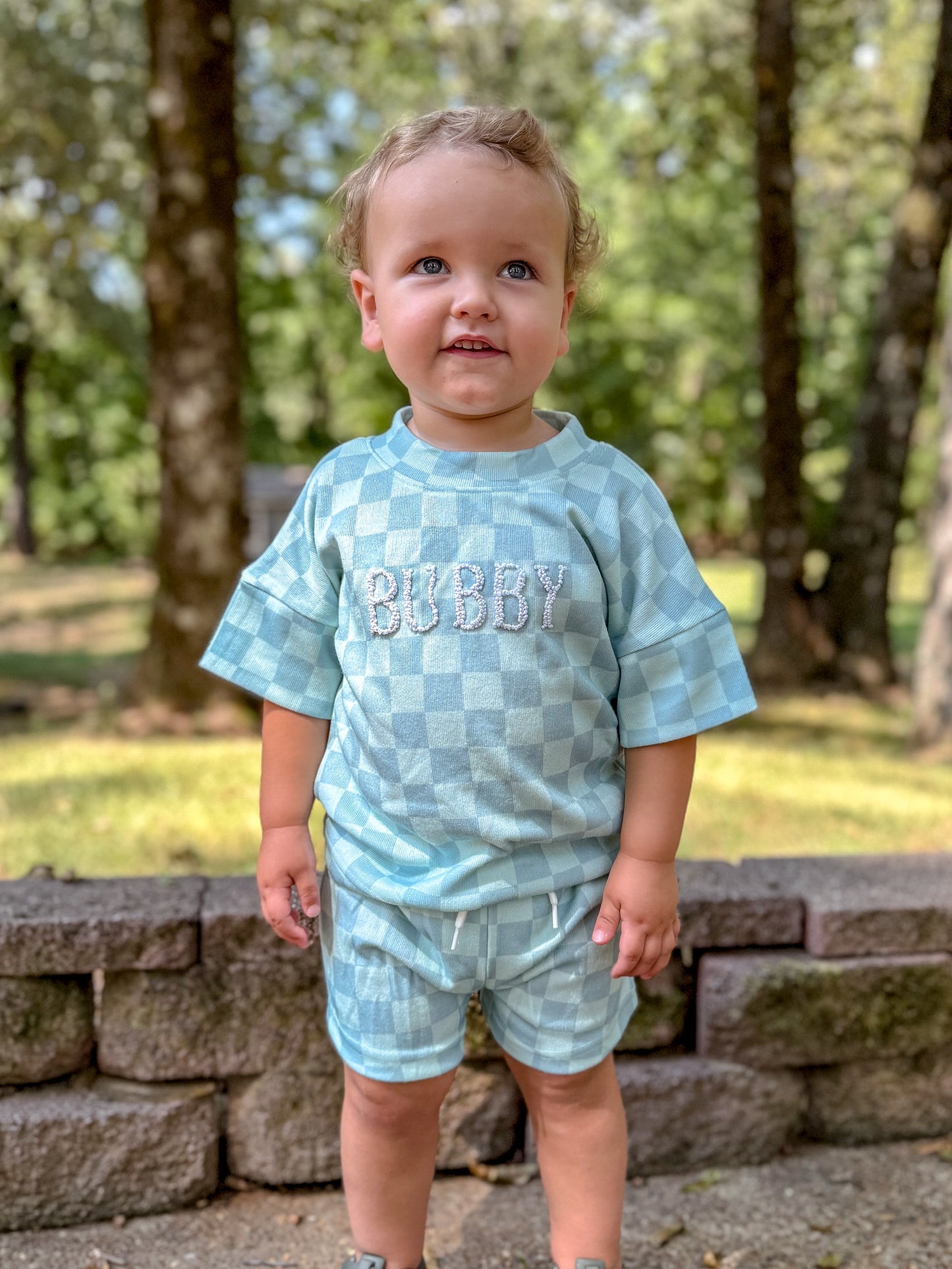 RTS - French Knot Checkered Sets Shortie Set - Teal - NO MONOGRAM
