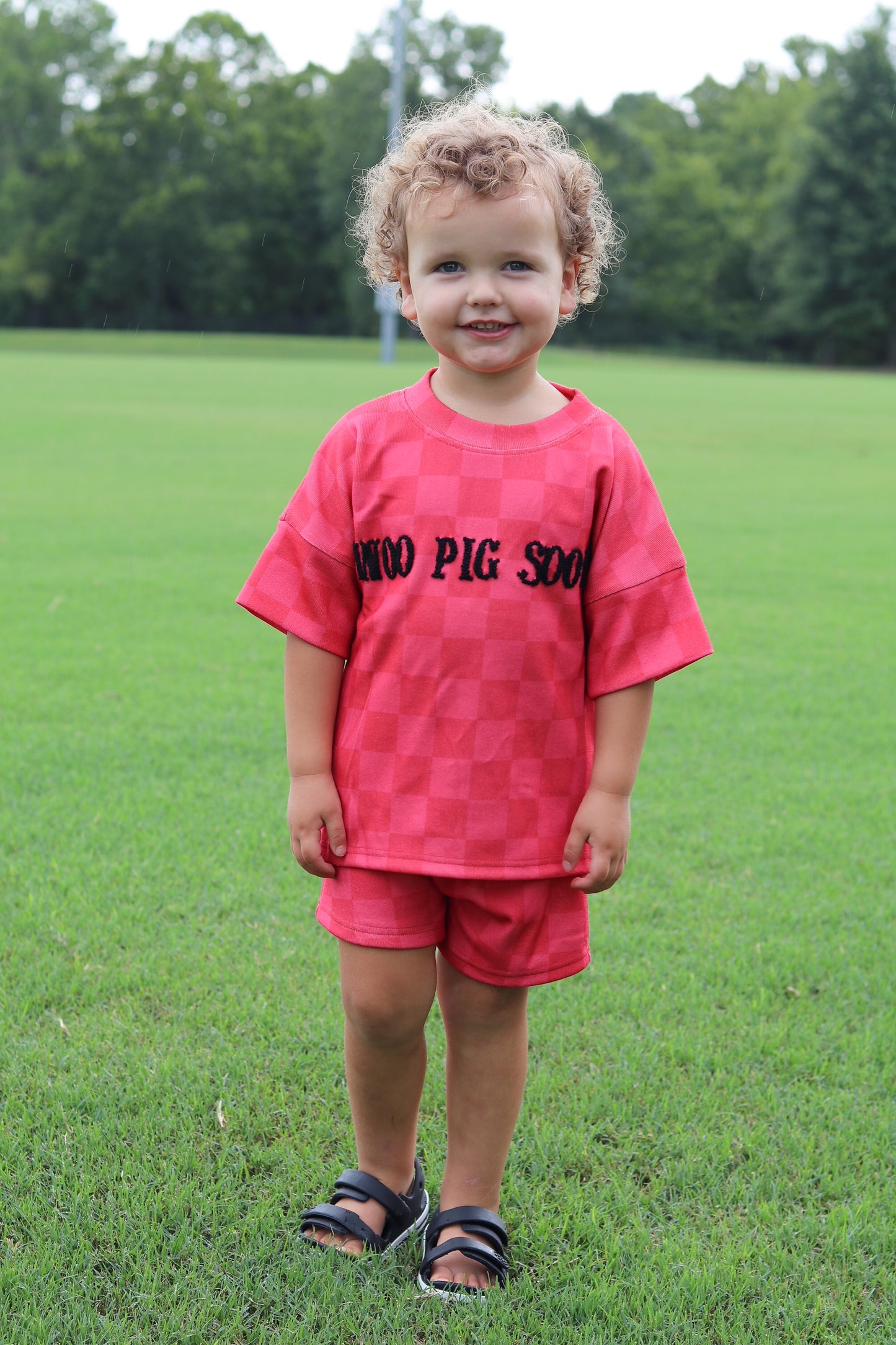 RTS - COLLEGIATE - Collegiate Checkered Sets Shortie Set - Red/Black. Monogrammed - “GO DAWGS”