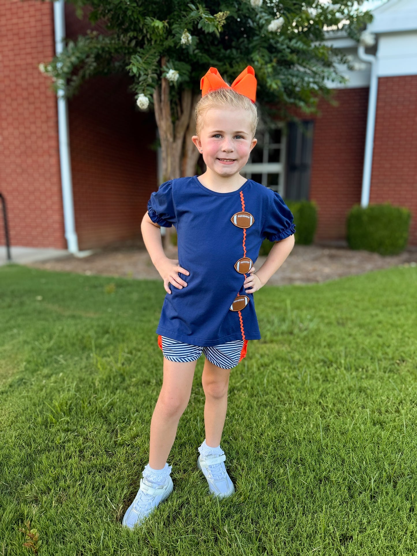RTS - COLLEGIATE - Applique Football Trio Girl Shortie Set - Orange/Navy