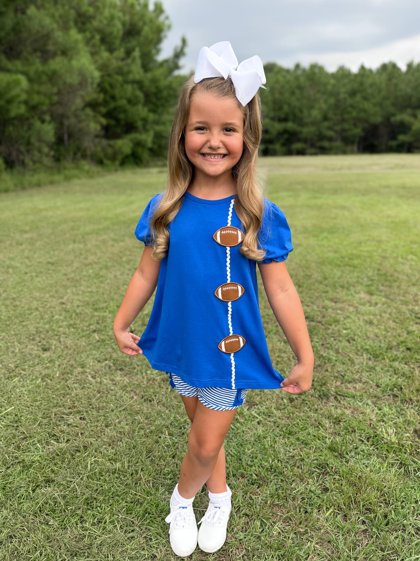 RTS - COLLEGIATE - Applique Football Trio Girl Shortie Set - Blue/White