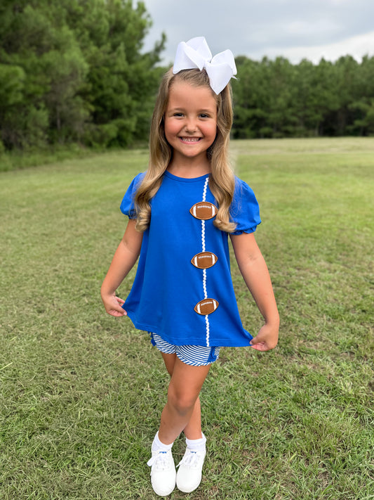 RTS - COLLEGIATE - Applique Football Trio Girl Shortie Set - Blue/White