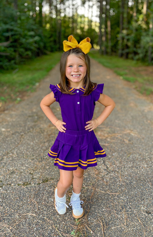 RTS - COLLEGIATE - Girls Spirit Wear Skort Set - Purple/Gold “NO MONO”