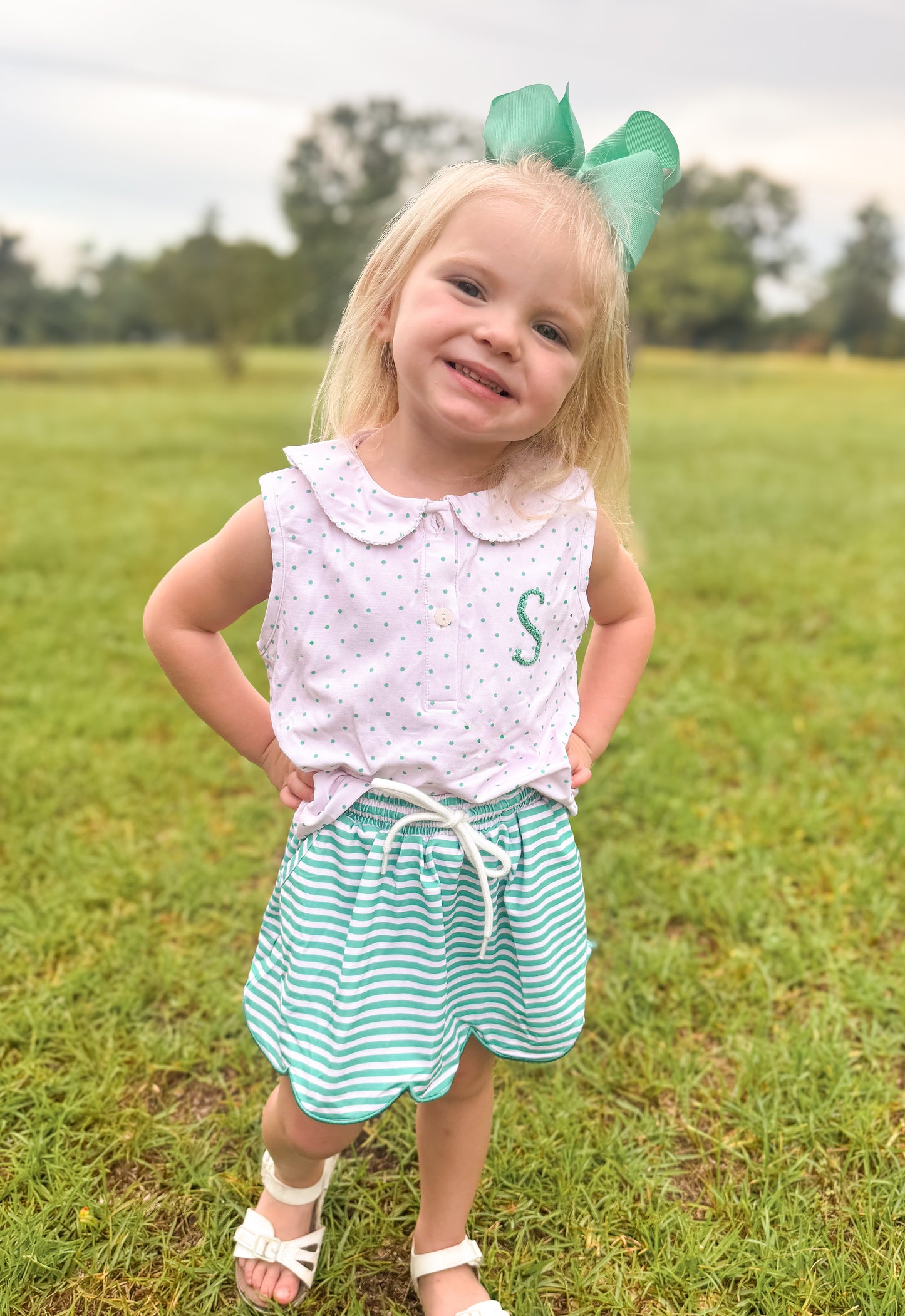 RTS - SUMMER PT 2 - Preppy Polo Basics Girl Skort Set - Pink/Green - NO MONOGRAM