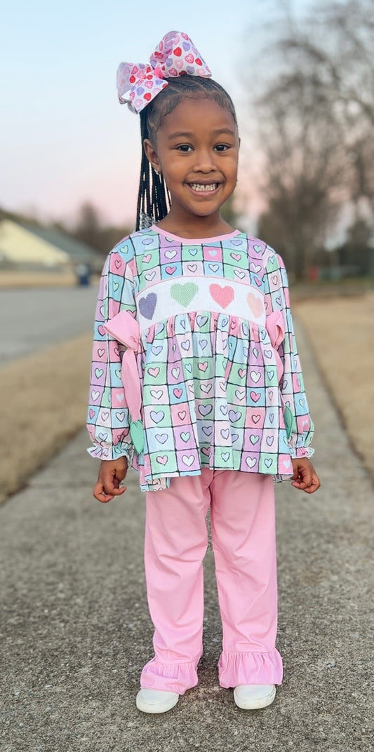 RTS - Pastel Checkered Hearts Girl Pant Set