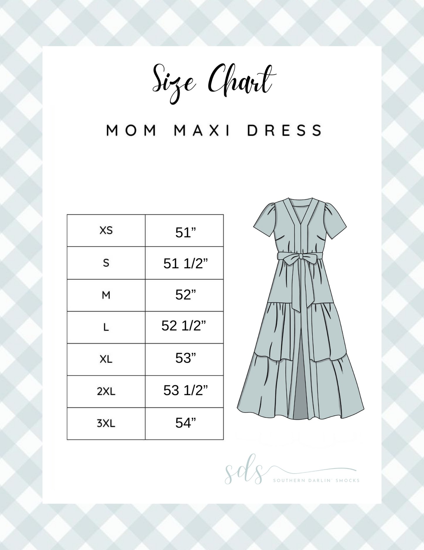 MOM MAXI DRESS SIZE CHART