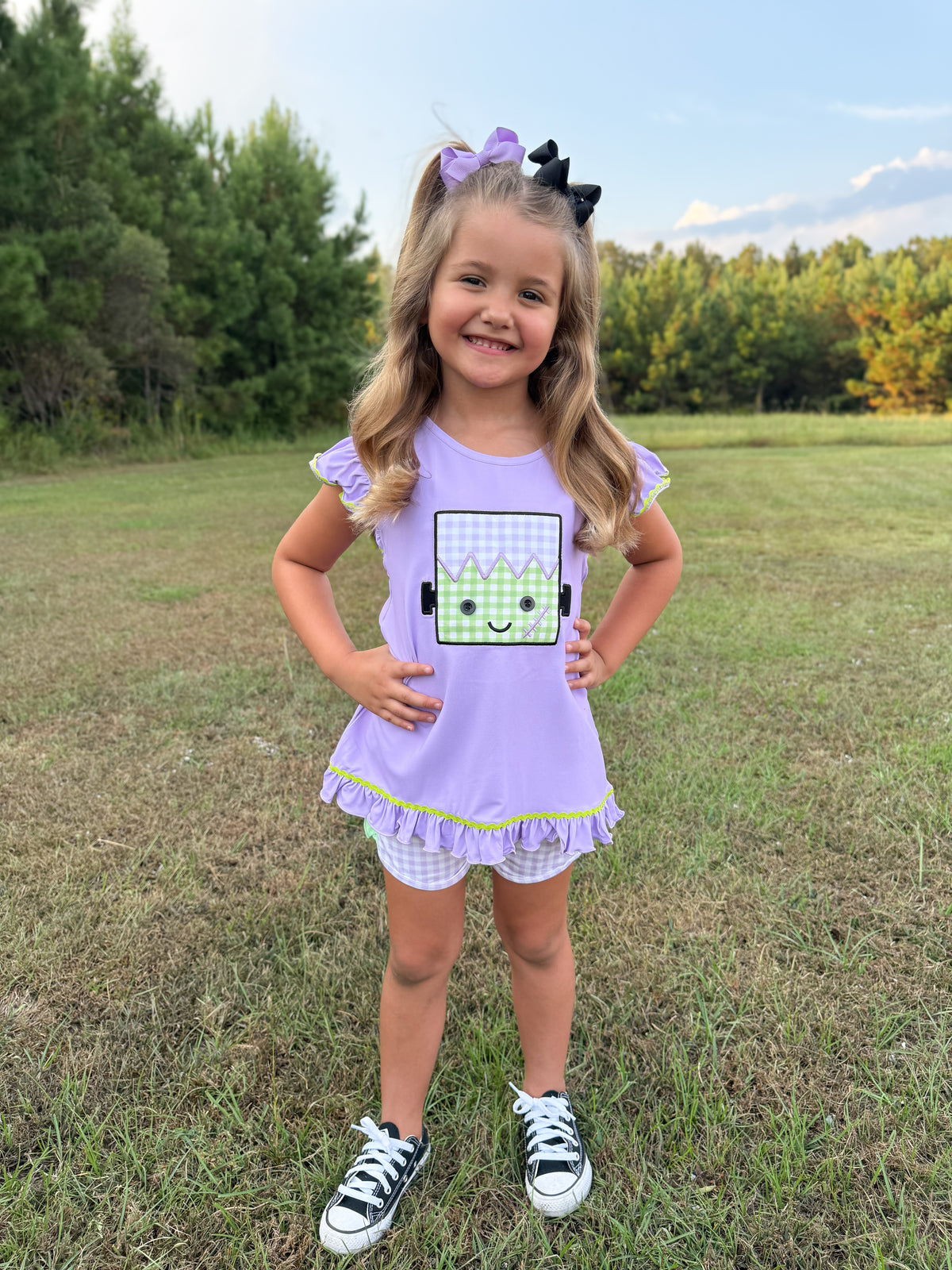 RTS - PUMPKINS & HALLOWEEN - Applique Frankenstein Girl Shortie Set - NO MONOGRAM