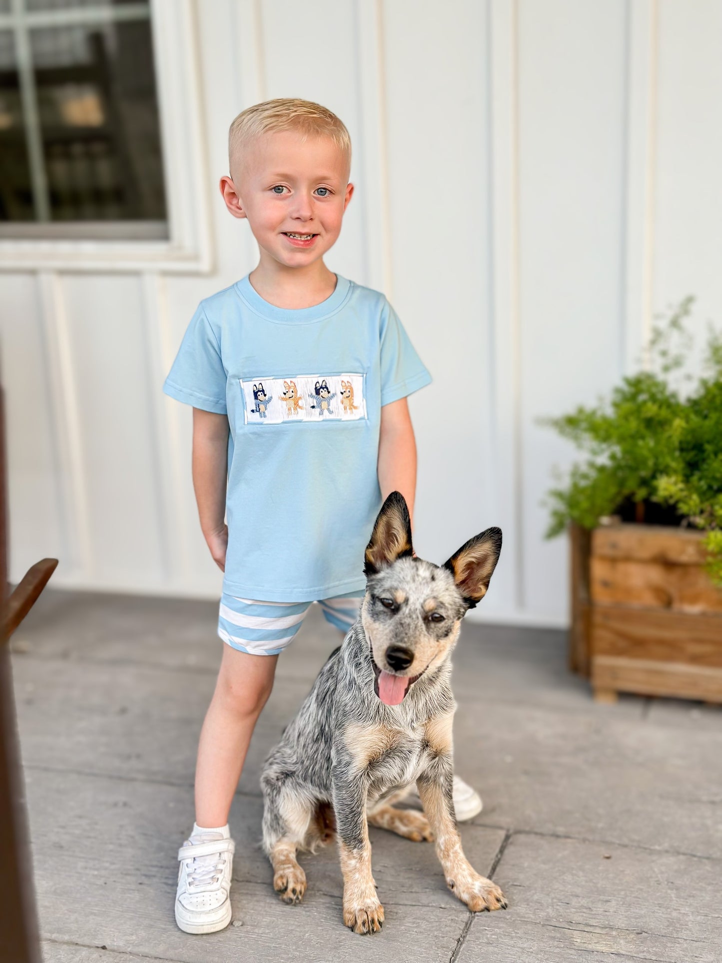 EXTRAS PRESALE - Smocked Blue Dog Boy Shortie Set