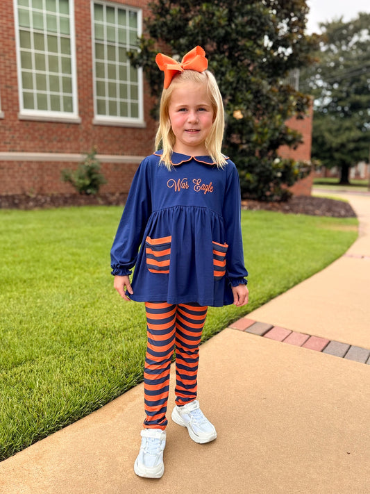 RTS - COLLEGIATE - Houndstooth & Stripes Girl Pant Set - Orange/Navy. Monogrammed - “WAR EAGLE”