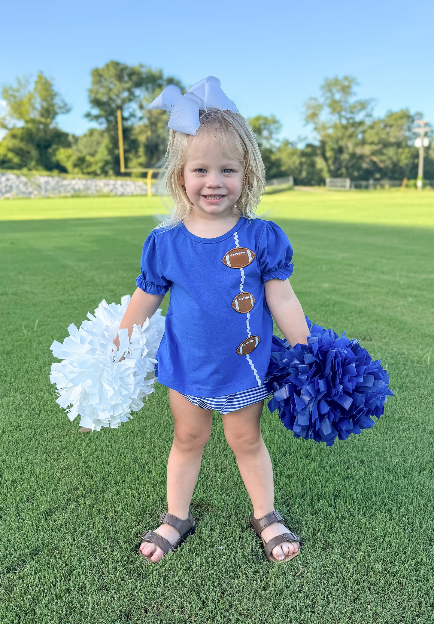 RTS - COLLEGIATE - Applique Football Trio Girl Diaper Set - Blue/White