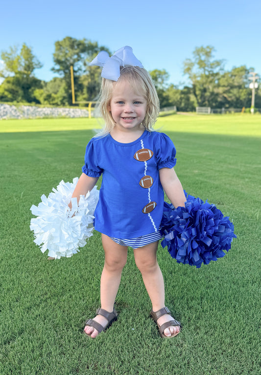 RTS - COLLEGIATE - Applique Football Trio Girl Diaper Set - Blue/White