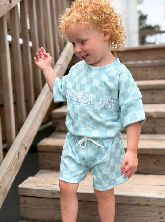 RTS - French Knot Checkered Sets Shortie Set - Teal - NO MONOGRAM