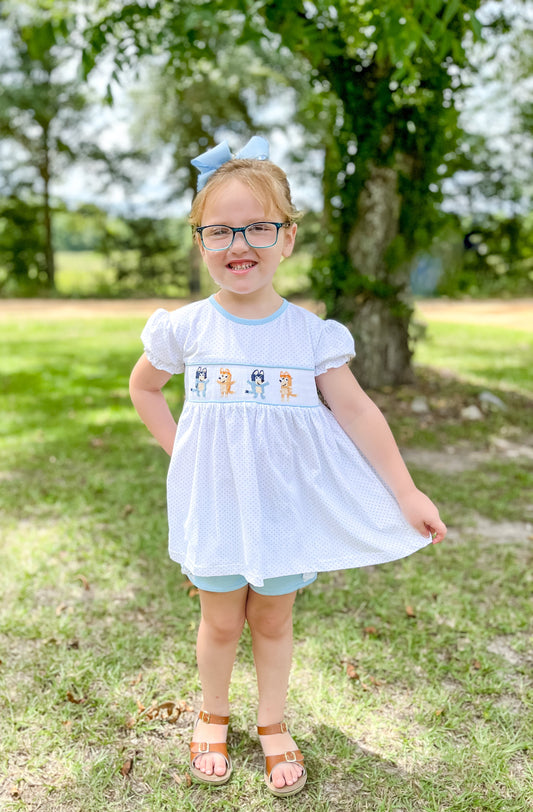 EXTRAS PRESALE - Smocked Blue Dog Girl Shortie Set
