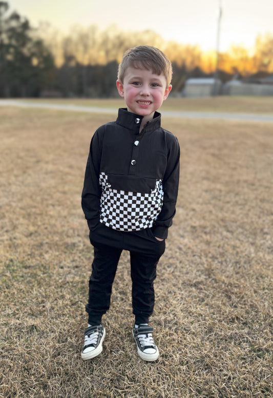 RTS - Winter Pull Over Sets - Black & White Checkerboard Boy Quarter Button Up Set