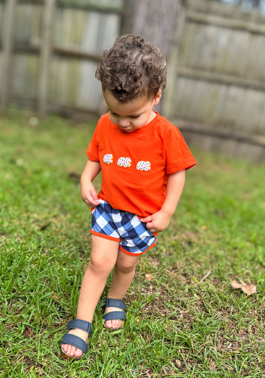RTS - COLLEGIATE - Gameday Animal Crackers Boy Shortie Set - Orange/Navy. Monogrammed - “WAR EAGLE”