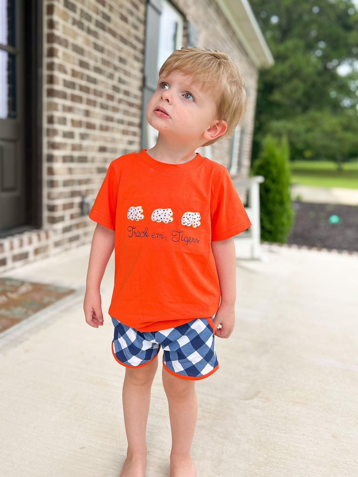 RTS - COLLEGIATE - Gameday Animal Crackers Boy Shortie Set - Orange/Navy. Monogrammed - “WAR EAGLE”