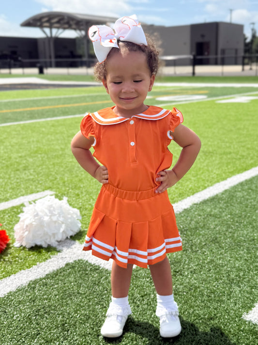RTS - COLLEGIATE - Girls Spirit Wear Skort Set - Orange/White “NO MONO”