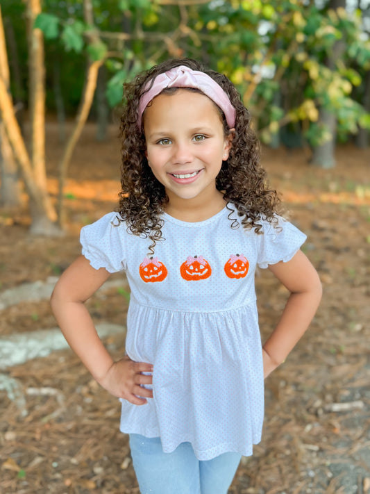 RTS - Fall Pt 2 Shirt Only - French Knot Pumpkin Carving Girl Shirt