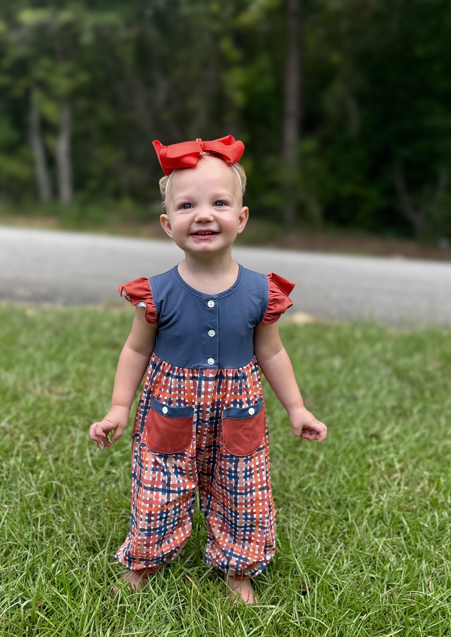 RTS - AUTUMN BASICS - Autumn Basics Girls Only - Navy & Rust Plaid Romper