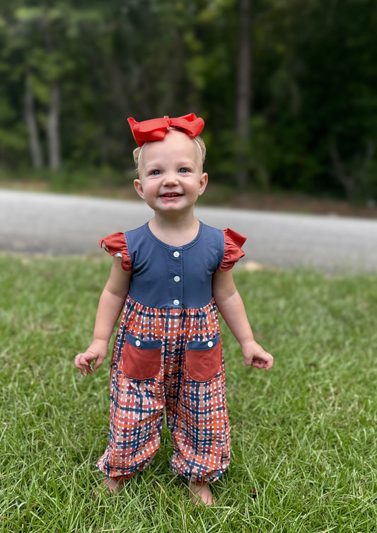 RTS - AUTUMN BASICS - Autumn Basics Girls Only - Navy & Rust Plaid Romper