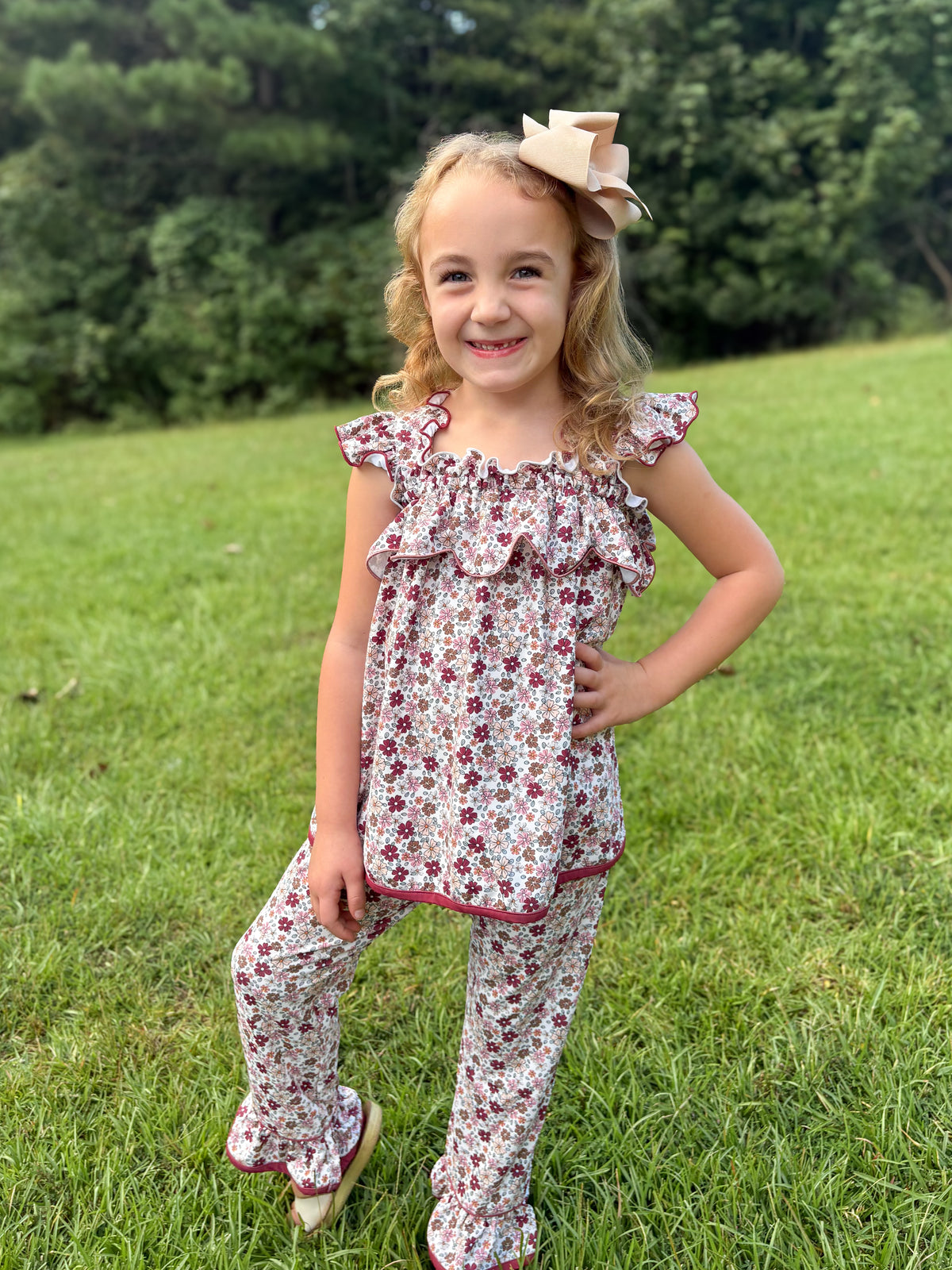 RTS - AUTUMN BASICS - Maroon & Bloom Girl Pant Set