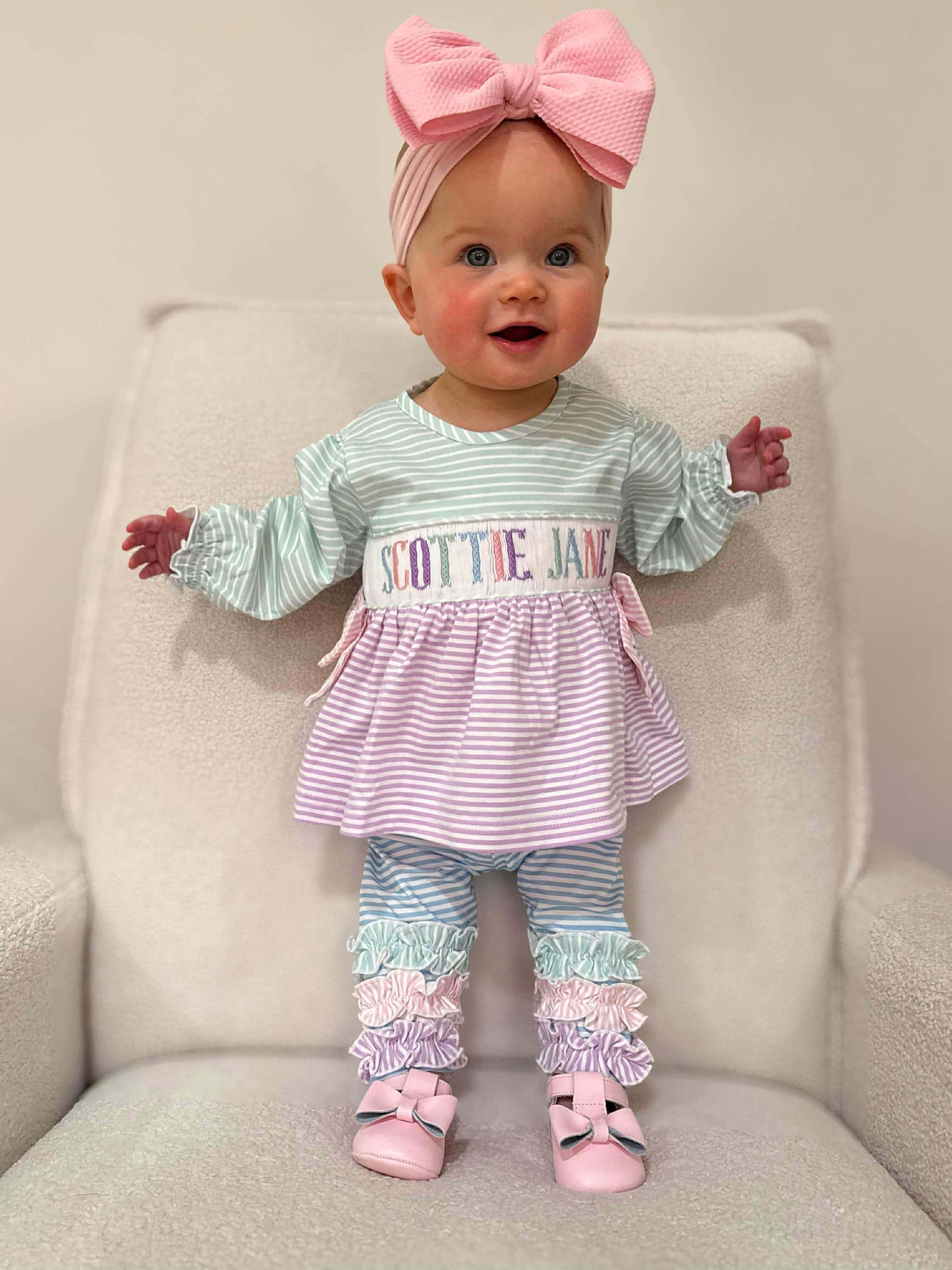 PREORDER 58: WINTER RERUNS - Striped Colorblock Name Smock Girl Pant Set