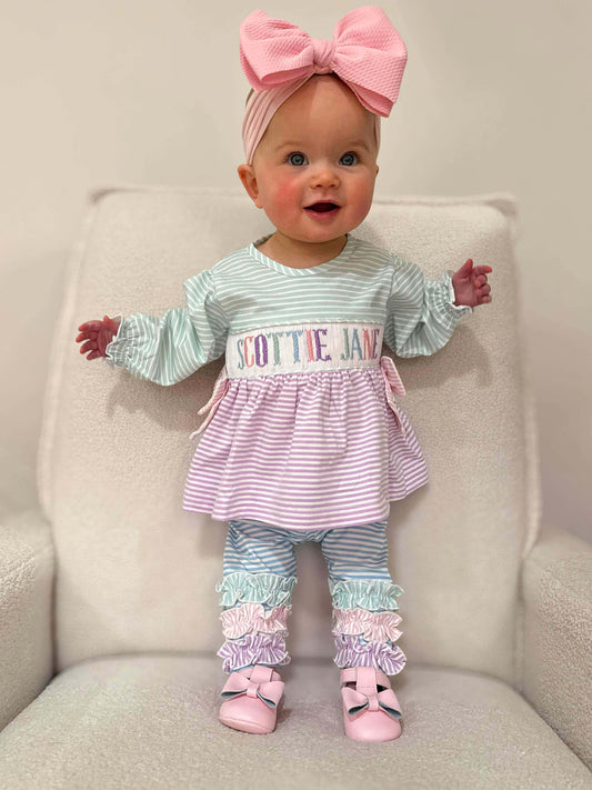 PREORDER 58: WINTER RERUNS - Striped Colorblock Name Smock Girl Pant Set