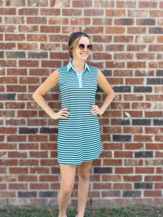 RTS - Back to School Polos Mom Dress - Teal Stripes