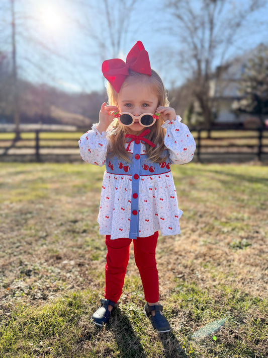 PREORDER 58: WINTER RERUNS - Smocked Cherries Girl Pant Set