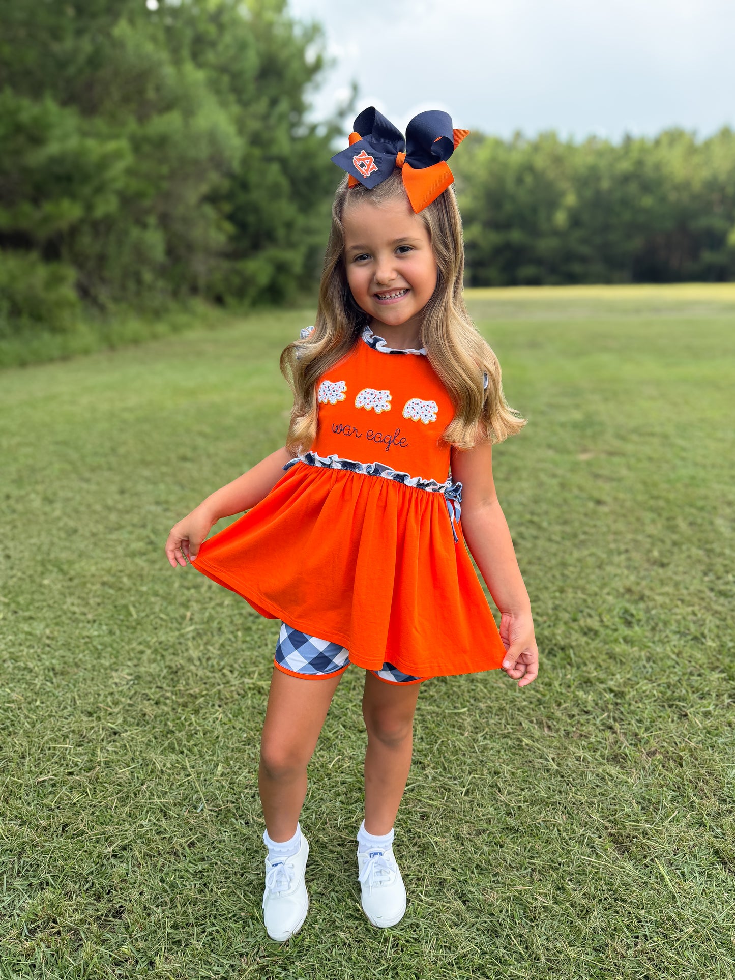 RTS - COLLEGIATE - Gameday Animal Crackers Girl Shortie Set - Orange/Navy. Monogrammed - “WAR EAGLE”