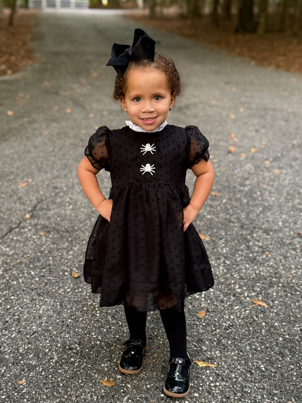 RTS - HALLOWEEN & TURKEYS - GIRLS ONLY - Swiss Dot Pearl Spiders Girl Dress