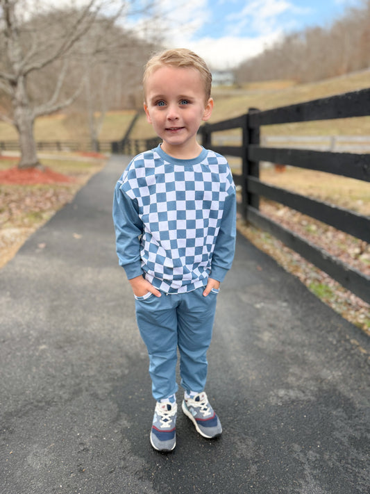 PREORDER 58: WINTER RERUNS - Winter Checkered Basics Boy Jogger Set - Stone Blue