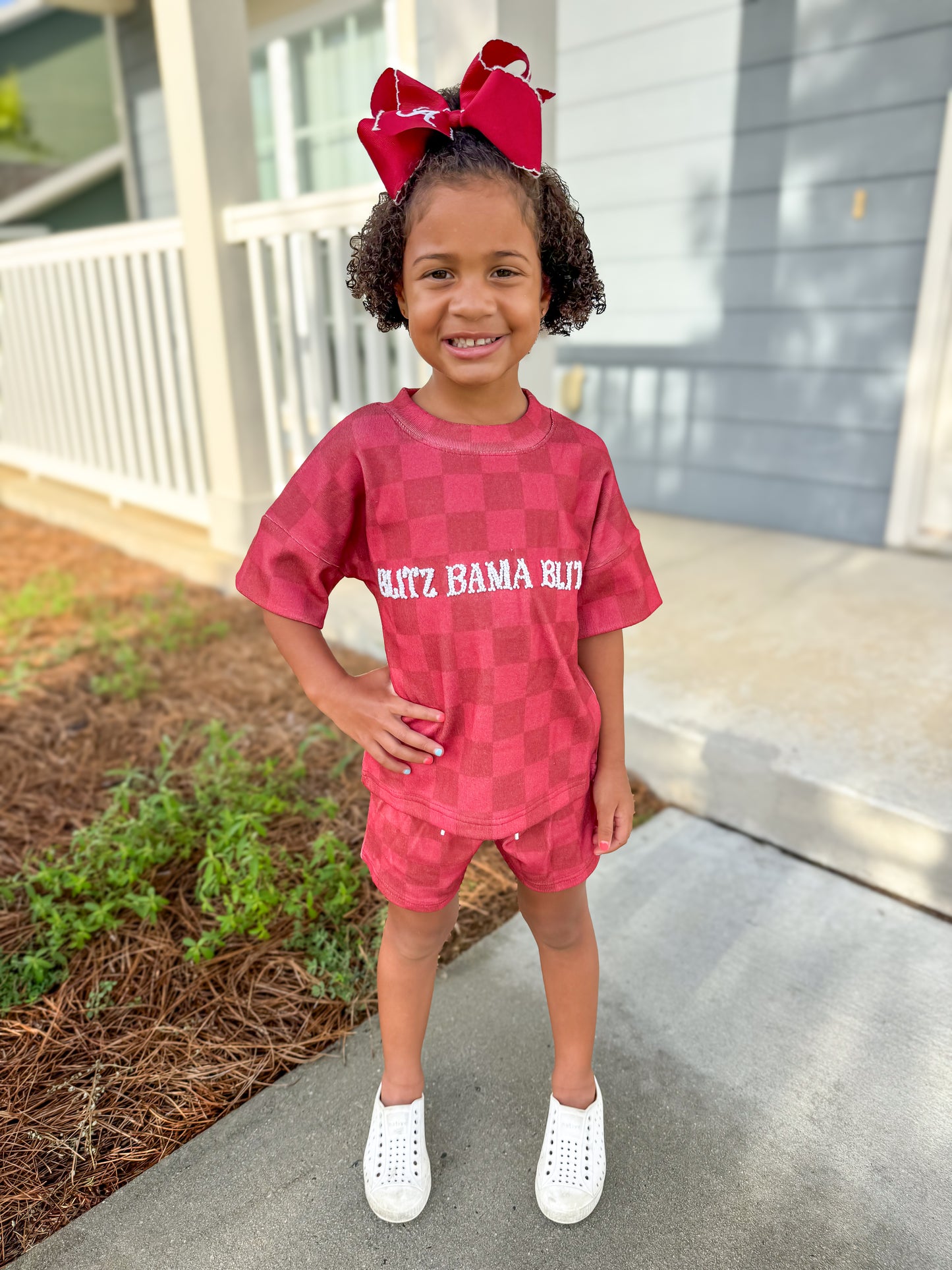 RTS - COLLEGIATE - Collegiate Checkered Sets Shortie Set - Crimson/White. Monogrammed - "BAMA”