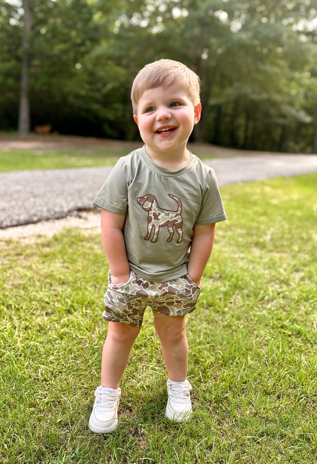 RTS - Summer 2 Boys Only - Appliqué Camo Dog Boy Shortie Set