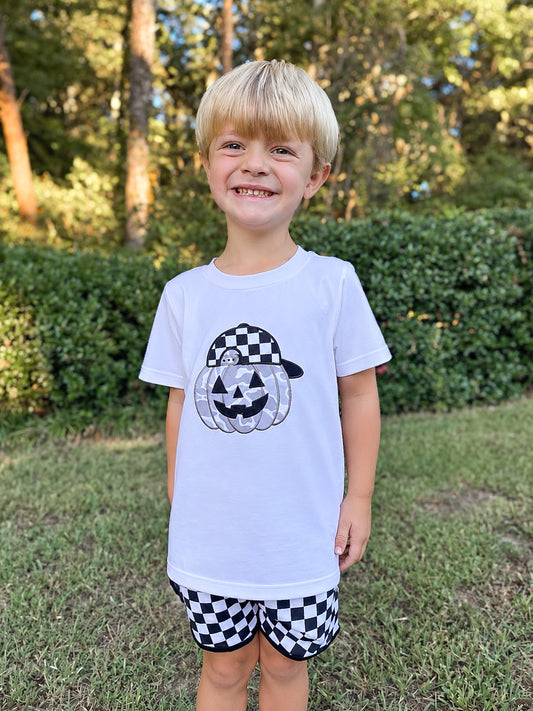 RTS - PUMPKINS & HALLOWEEN - Pumpkins & Halloween Shirt Only - Backwards Hat Pumpkin Boy Shirt