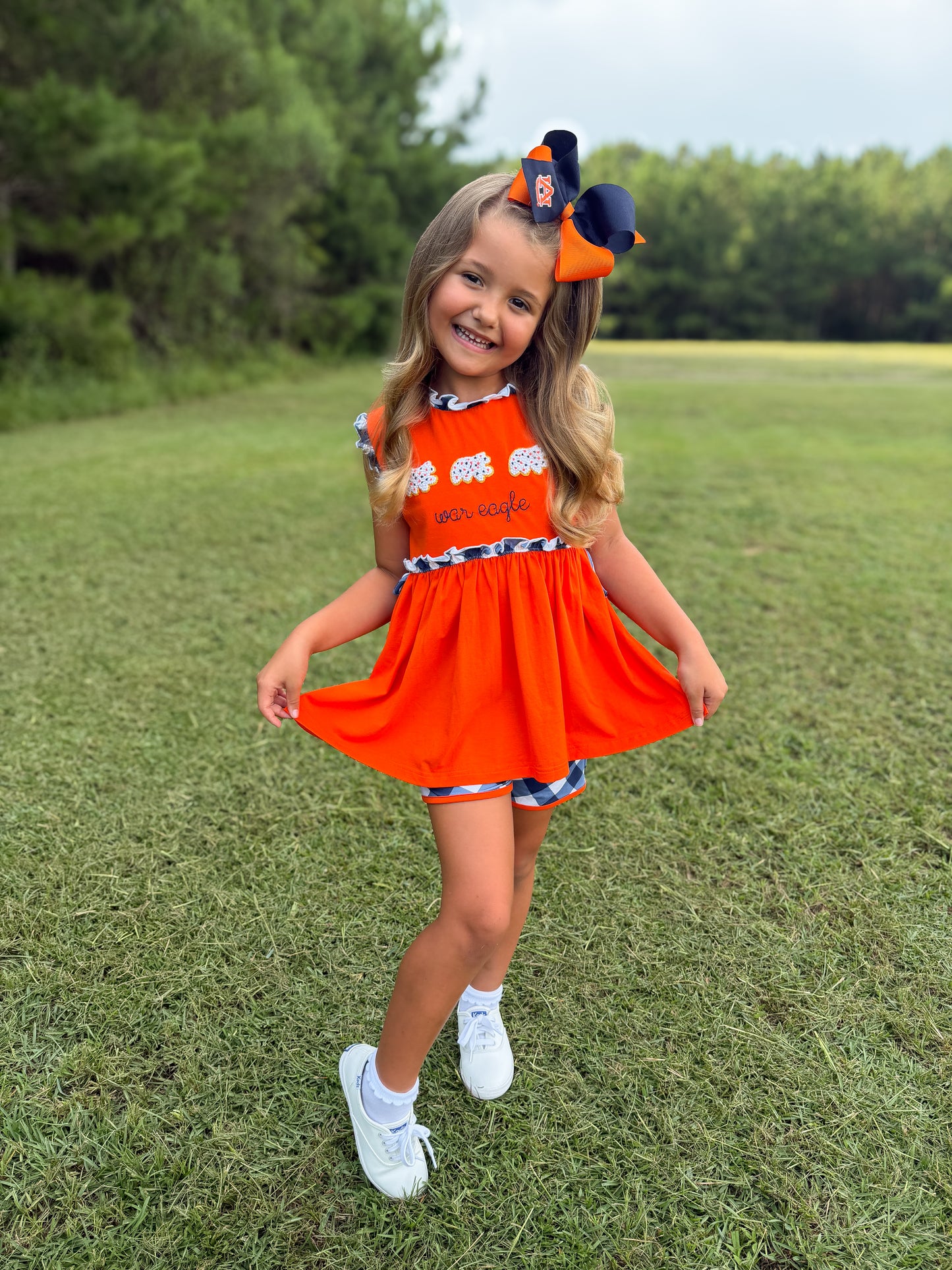 RTS - COLLEGIATE - Gameday Animal Crackers Girl Shortie Set - Orange/Navy. Monogrammed - “WAR EAGLE”