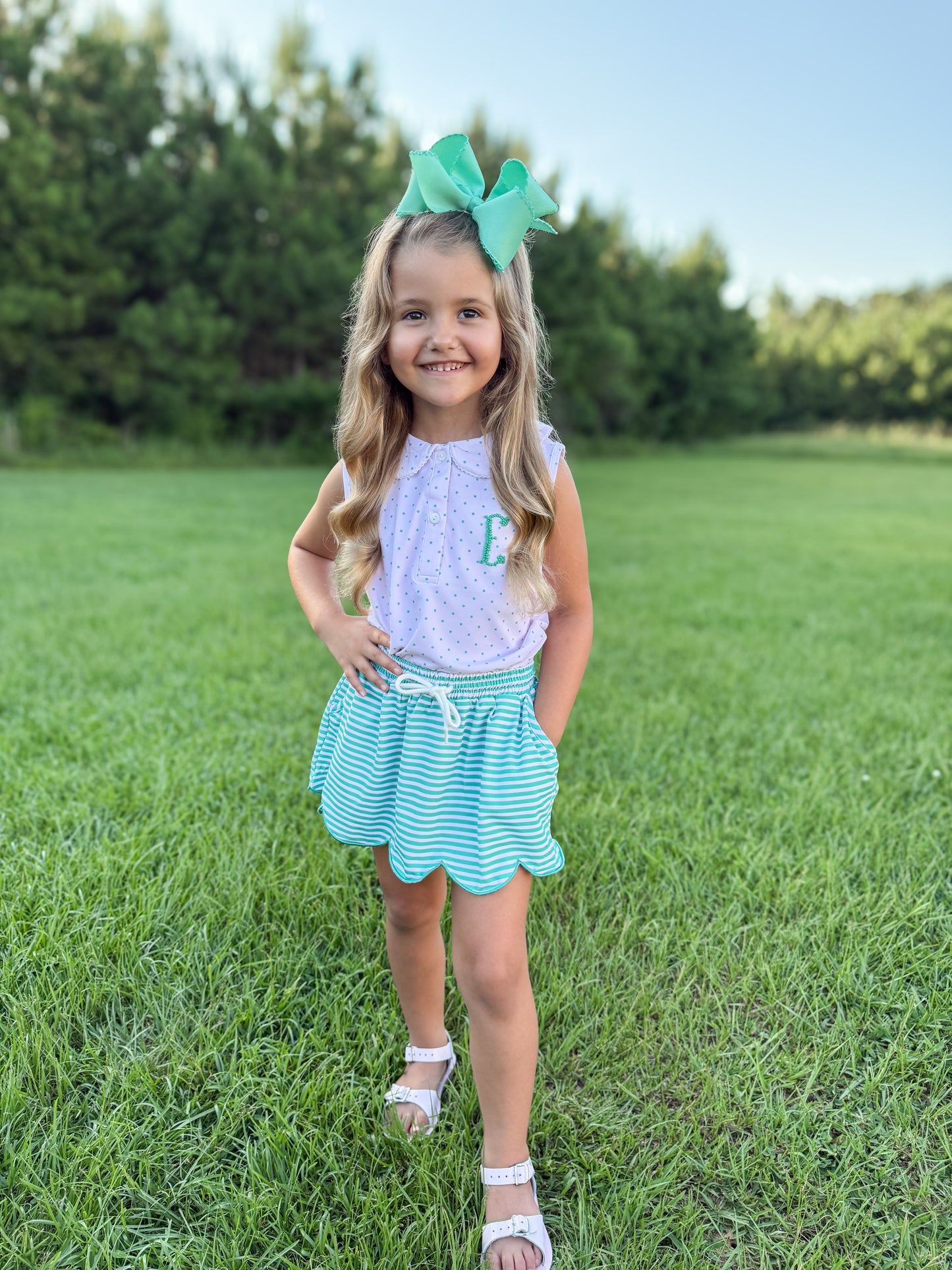 RTS - SUMMER PT 2 - Preppy Polo Basics Girl Skort Set - Pink/Green - NO MONOGRAM