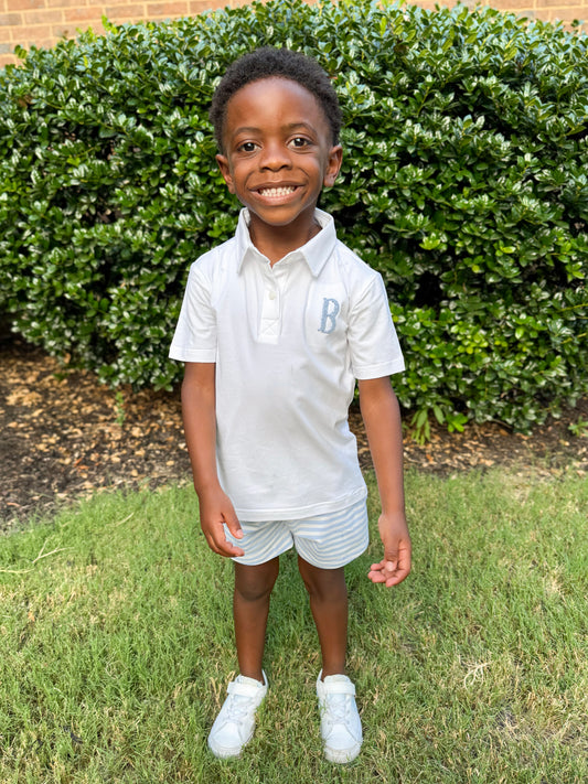 RTS - SUMMER PT 2 - Preppy Polo Basics Boy Short Set - Blue/White - NO MONOGRAM