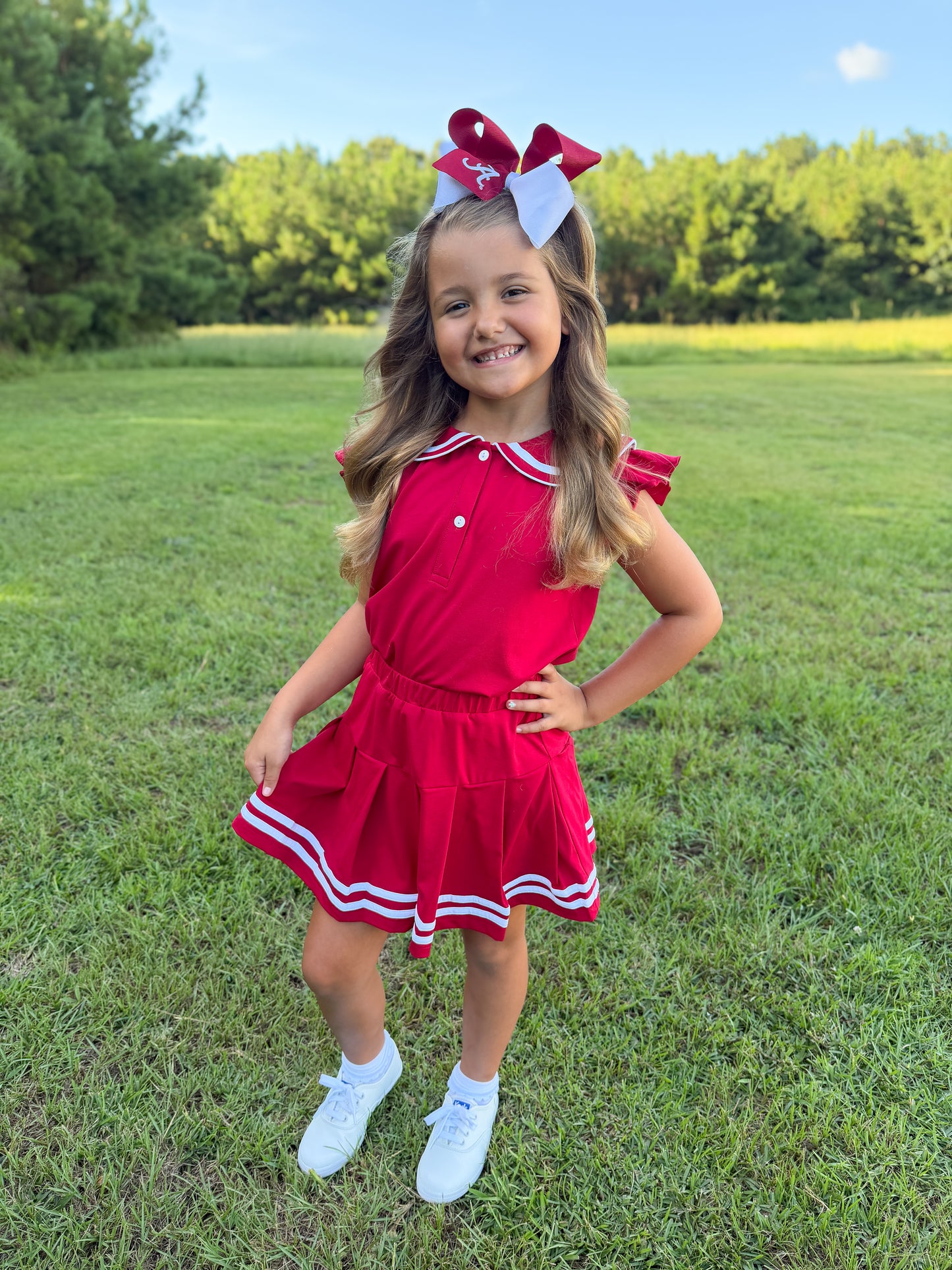 RTS - COLLEGIATE - Girls Spirit Wear Skort Set - Crimson/White “NO MONO”