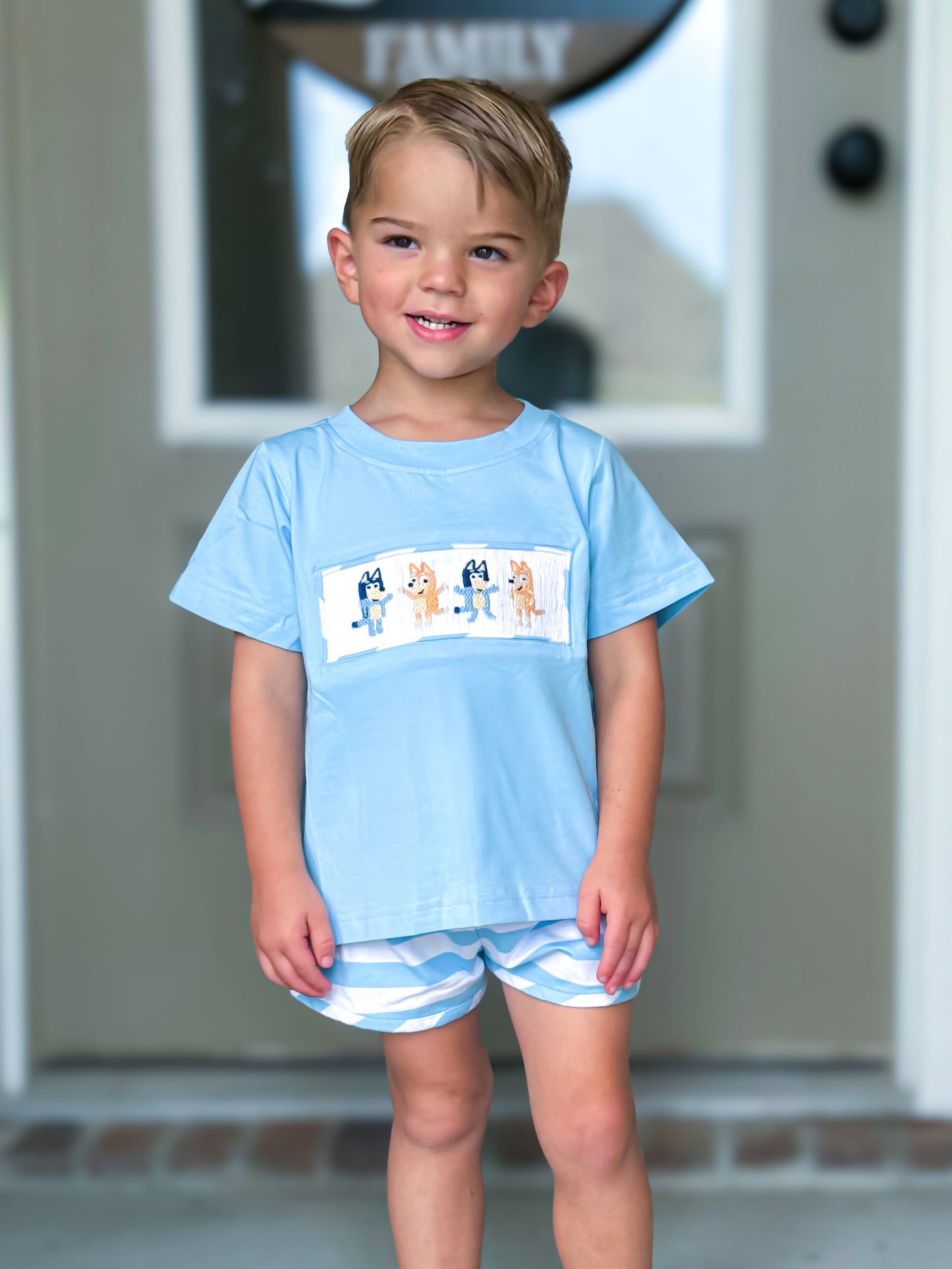 EXTRAS PRESALE - Smocked Blue Dog Boy Shortie Set