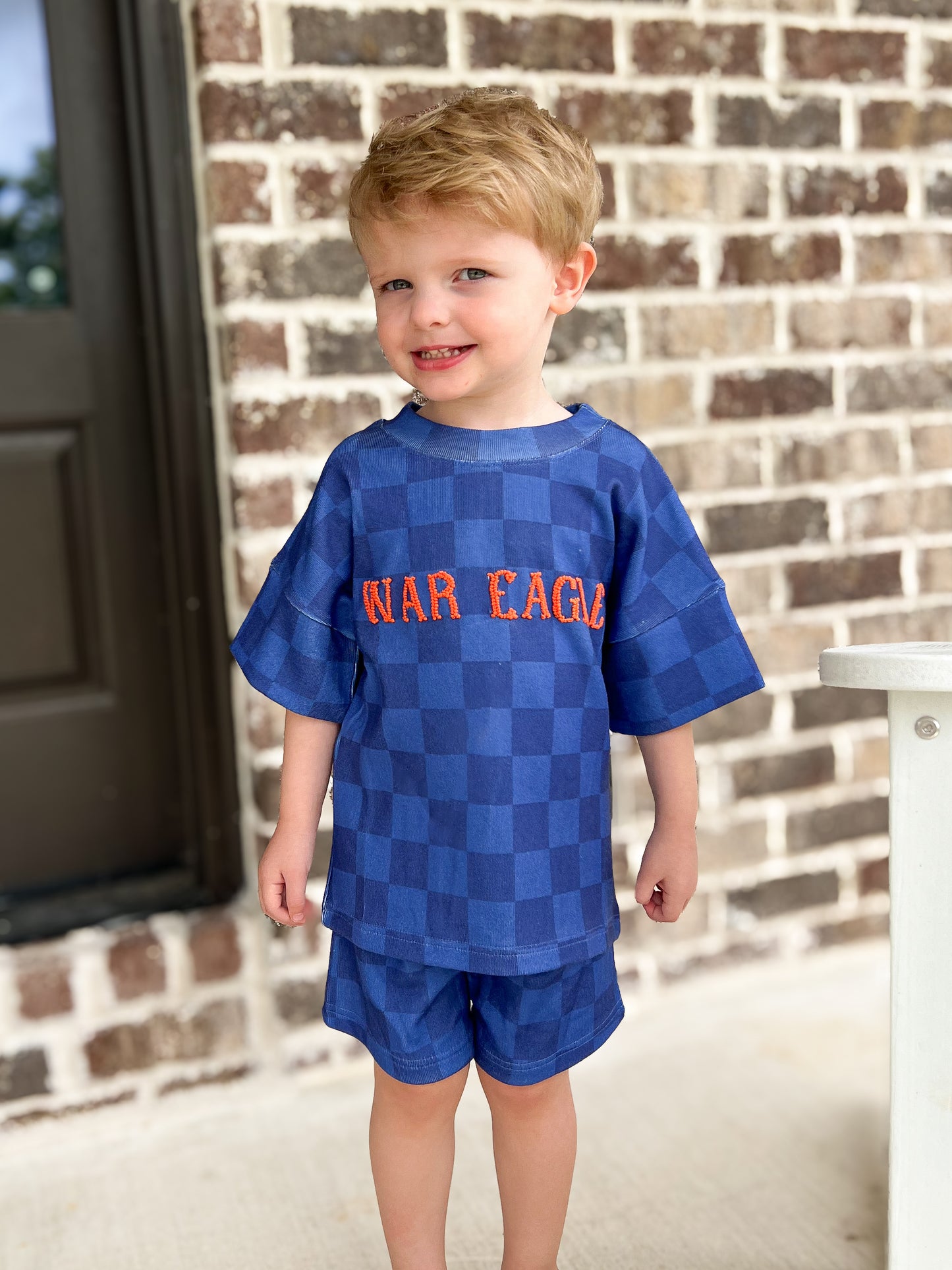 RTS - COLLEGIATE - Collegiate Checkered Sets Shortie Set - Orange/Navy. Monogrammed - “WAR EAGLE”