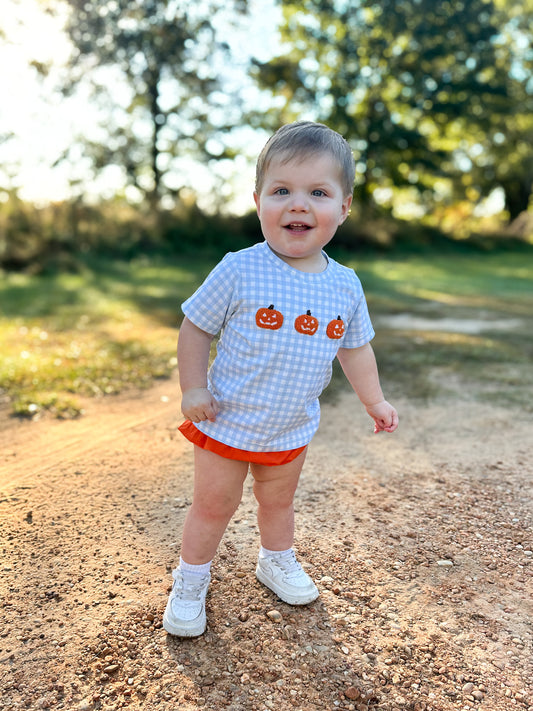 RTS - Fall Pt 2 Shirt Only - French Knot Pumpkin Carving Boy Shirt