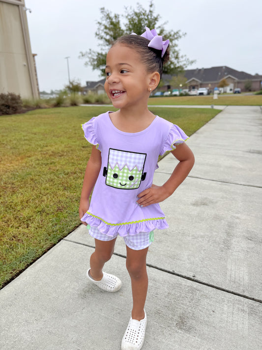 RTS - PUMPKINS & HALLOWEEN - Applique Frankenstein Girl Shortie Set - NO MONOGRAM