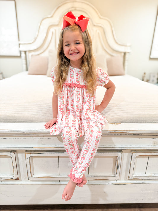 RTS - Canaan’s Coral Floral & Bow PJs Girl 2pc