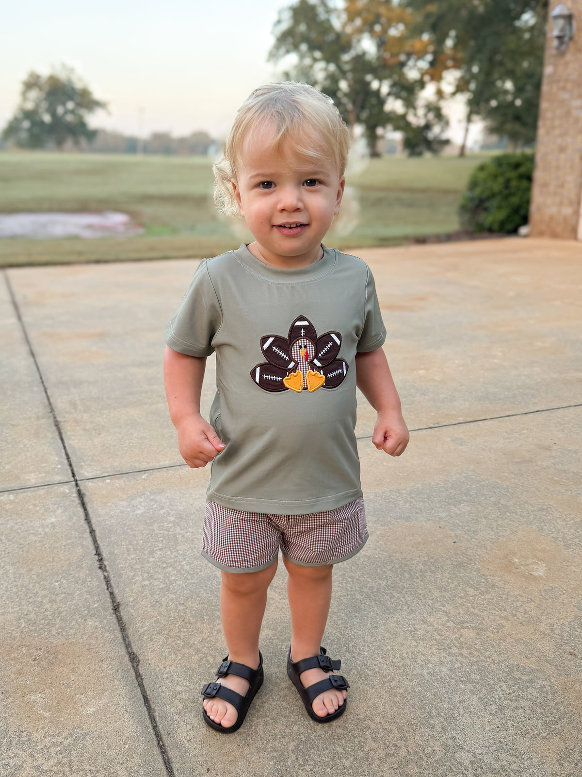 RTS - HALLOWEEN & TURKEYS - BOYS ONLY - Applique Football Turkey Boy Shortie Set