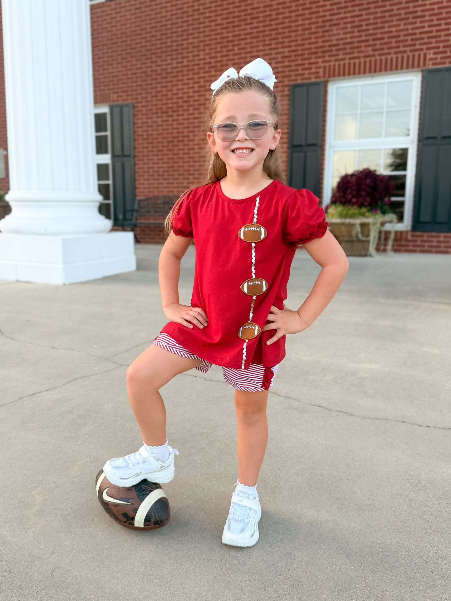 RTS - COLLEGIATE - Applique Football Trio Girl Shortie Set - Crimson/White
