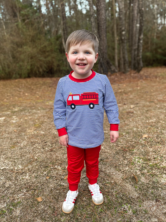 PREORDER 58: WINTER RERUNS - Applique Firetruck Boy Jogger Set