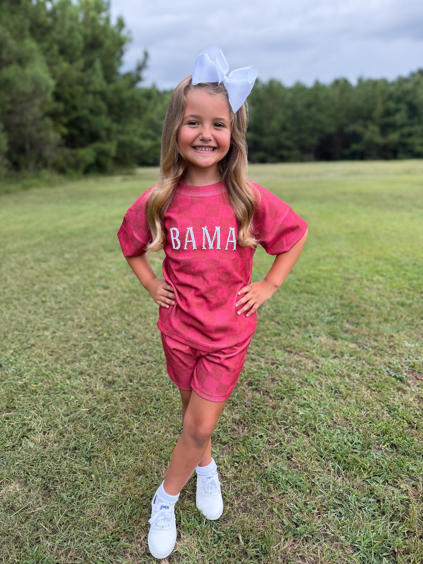 RTS - COLLEGIATE - Collegiate Checkered Sets Shortie Set - Crimson/White. Monogrammed - "BAMA”